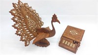 (2) Wood Inlaid Carvings: Peacock & Piano
