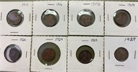8 Early Lincoln Wheat Cents 1911,16,17d,19,20,24..