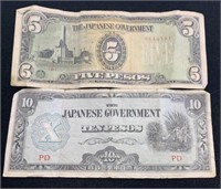 Ww2 Era Japanese Currency 5 Pesos 10 Peso Occupied