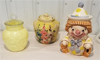 3 cookie jars, clown, yellow cookie jar ,