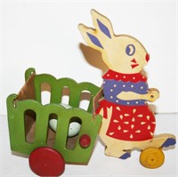 Early Wooden Rabbit on Wheel w/ Cart 7"H