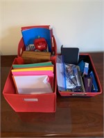 (3) RED CLOTH ORGANIZERS WITH OFFICE SUPPLIES