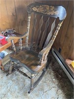 WOODEN ROCKING CHAIR WITH DECORATIVE PAINTED BACK