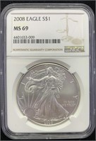 2008 Graded Silver Eagle Ms69 Ngc 1oz Silver Usa