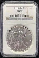 2012 Graded Silver Eagle Ms69 1oz Silver Usa