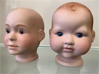 Pair of Vintage Ceramic Doll Heads w Glass Eyes