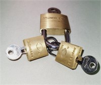 3 Brass Pad Locks w/ Keys - 2 Master & 1 Brinks