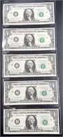 (5) Consecutive Serial Number One Dollar Star