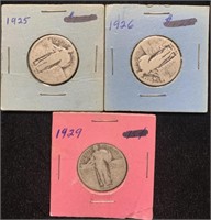 3 Silver Standing Liberty Quarters 1925,26,29