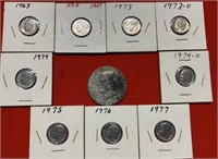 9 Unc Roosevelt Dimes,1 Eisenhower Dollar 1967-77