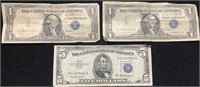 $5 Silver Cert Two $1 Silver Certificates