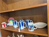 Shelf lot- mugs, plastic bowls, plastic bowl lids