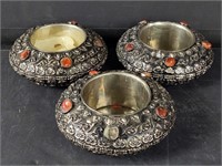3 aluminum candle holders with applied semi-