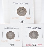 1876, 1888-S & 1889 Seated Liberty Dimes