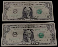 2-$1 Currency Sequential 1963 Barr Notes Unc