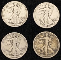 4 Silver Walking Liberty Half-dollars1940,42,43,45