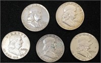5 Silver Franklin Half-dollars 1949,55,60,62,63
