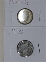 1910 and 1911 D Barber Dimes