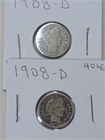 1908 D Holed and 1908 O Barber Dimes