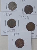 5 Indian Head Pennies assorted years