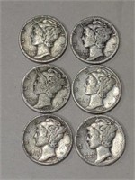 6 Mercury Dimes assorted years