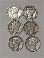 6 Mercury Dimes assorted years