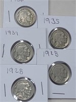 5 buffalo nickels assorted years