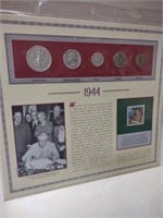 1944 coin sheet including Walking Liberty Half