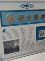 1950 coin sheet including Franklin Half Dollar,