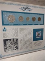 1952 coin sheet including Franklin Half Dollar,