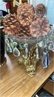 Fancy pedestal glass dish, pinecones, pewter