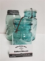 (3) VTG Blue Ball Mason Jars W/ Lids