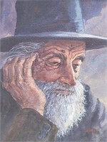 Old Man Contemplating Oil Painting Signed