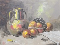 Fruit And Pitcher Still Life Signed Painting