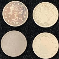 4 V-nickels 1901,1905,1908,1912?