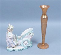 Occupied Japan Porcelain Figure & Gilt Glass Vase