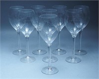 8 Vintage Etched Glass Wine Stems
