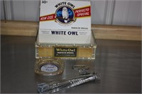 White Owl cigar box, 2 cigar cutters, tobacco tag