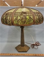 Antique Filligree Green Slag Glass Lamp-