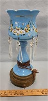 Hand Painted Blue Glass Lamp w Metal Base and