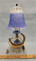 Antique Blue Cut Glass Shade and Metal Lamp-