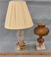(2) Table Lamps- Amber Glass w Marble Base & Cut