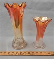 (2) Marigold Carnival Glass Vases- 12" and 9"