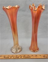 (2) Vintage Marigold Carnival Glass Vases-