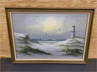 Lighthouse Oil On Canvas- Signed- 3 ft 5 x 2 ft 5