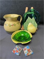 Ceramic Pitcher, Colored Glass Serving Dishes