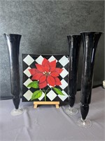 3 - 20 inch tall black glass vases