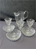 3 cut glass bowls, 3 ice cream dishes, 1 Pitcher