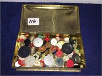 Tin of buttons and jewelry box