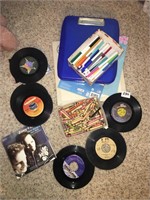 45 records, crayons, clipboard